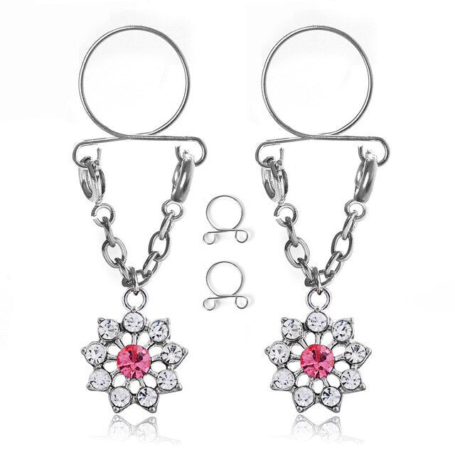 Sexy Tassel Crystal Butterfly Pendant Fake Nipple Ring for Women Girls Adjustable Faux Nipple Piercing Body Jewelry