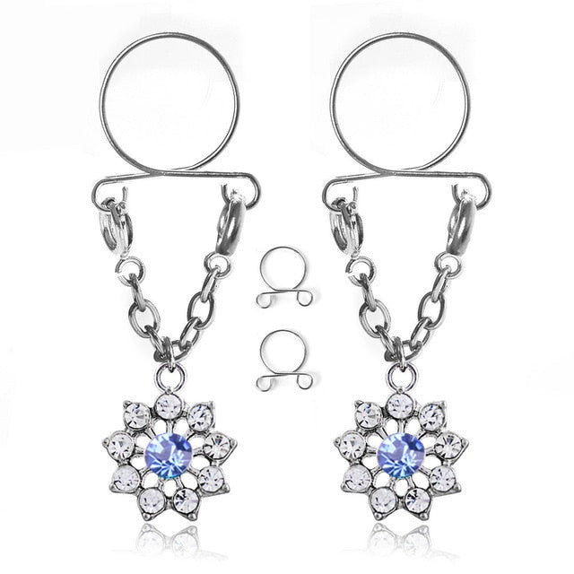 Sexy Tassel Crystal Butterfly Pendant Fake Nipple Ring for Women Girls Adjustable Faux Nipple Piercing Body Jewelry