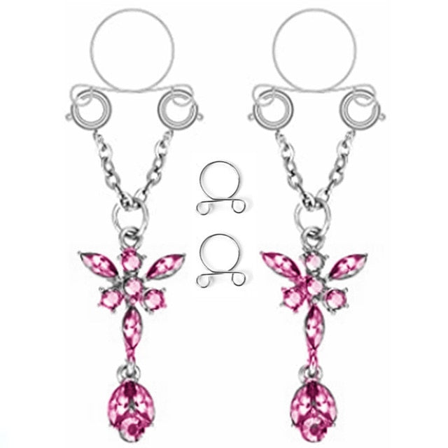 Sexy Tassel Crystal Butterfly Pendant Fake Nipple Ring for Women Girls Adjustable Faux Nipple Piercing Body Jewelry
