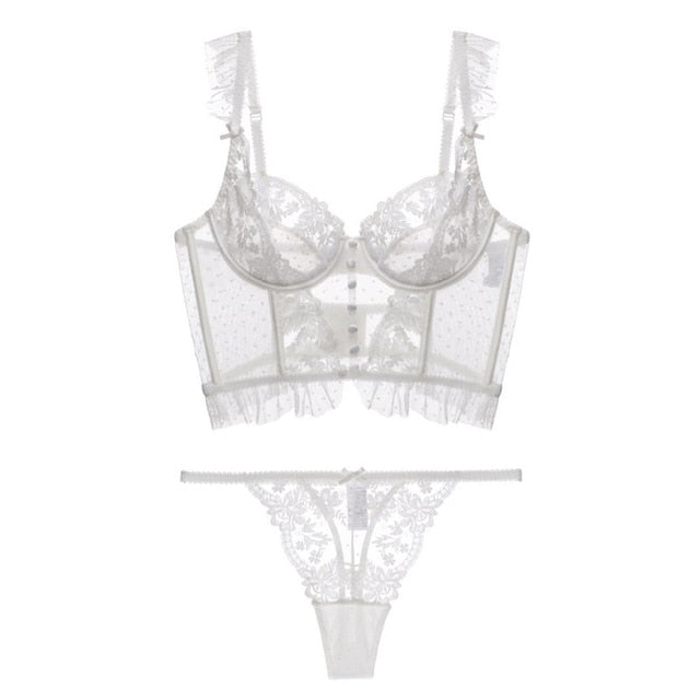 CINOON French Lingerie Sexy Women's Underwear Set Push Up Brassiere Lace Transparent Bra Panty Sets Wedding White Thin Underwear