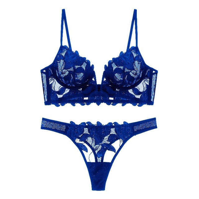 CINOON Sexy French Lace Embroidery Brassiere Lingerie Set Women's Underwear Set Push Up thin Bralette Deep V Bra and Panty Set
