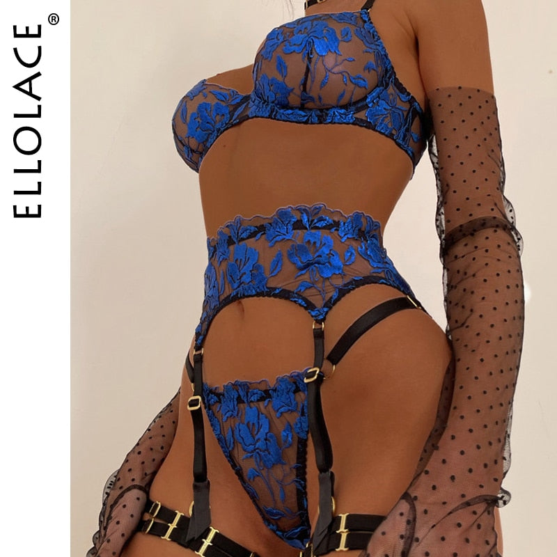 Ellolace Cobalt Fancy Lingerie Sexy Porn Underwear Women Floral Embroidery Intimate Transparent Bra Sensual Lace Exotic Sets