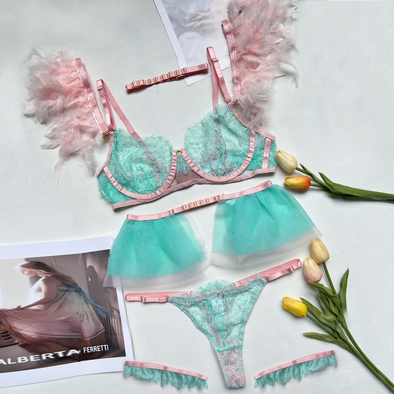 Ellolace Feather Lingerie Sexy 5-Piece Women Underwear Uncensored Fancy Transparent Lace Set Erotic Unique Porn Couple Intimate