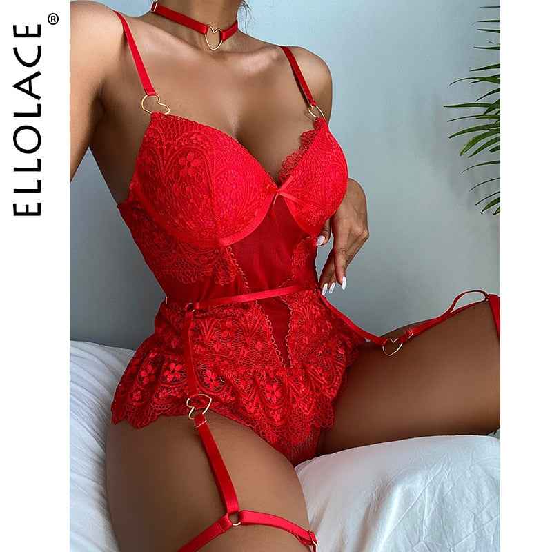 Ellolace Red Sensual Lingerie Bodysuit Lace Ruffle - French Sexy Boutique