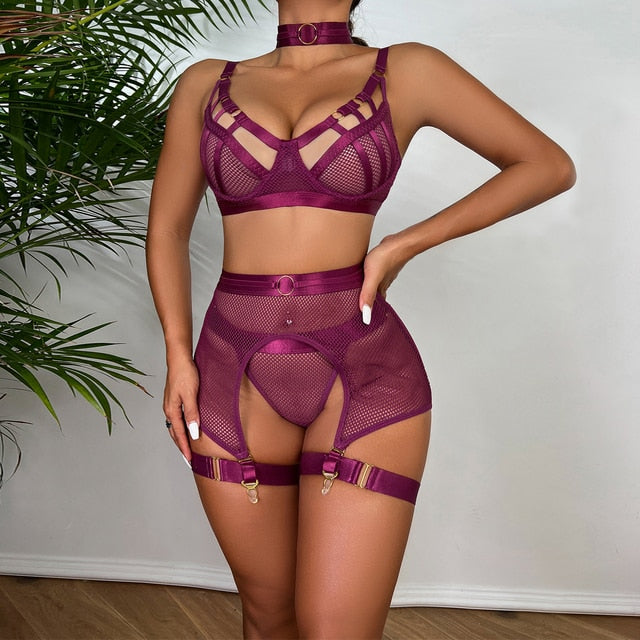Ellolace Sexy Hot Lingerie Luxury Hollow Out Exotic Sets With Garters Half Cup See Through Transparent Bra Underwear Women Set