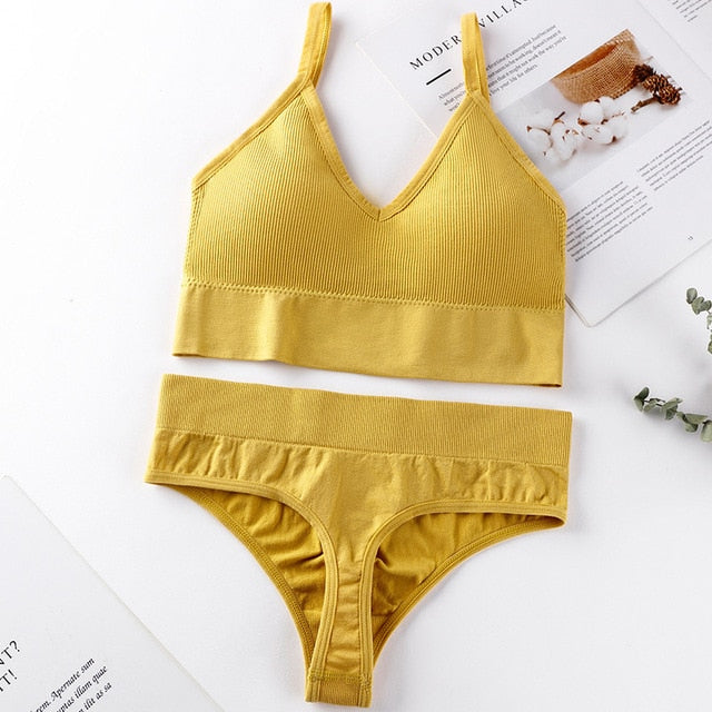 French Backless Push Up Underwear Set Women Sexy G-String Seamless Bralette Female Lingerie Soft Tank Crop Top Gym Sport Bra Set