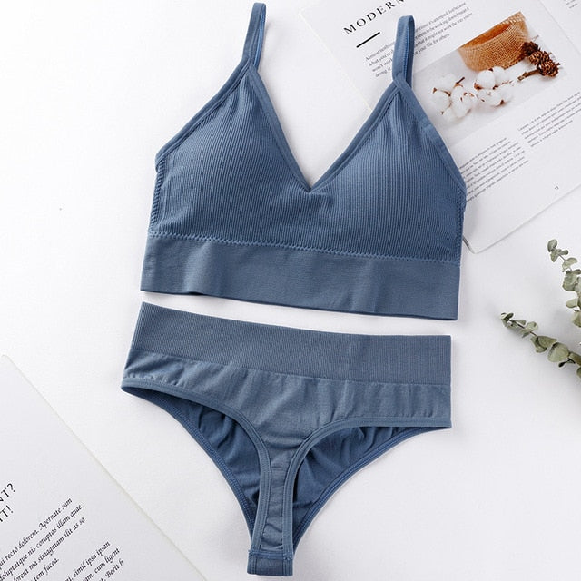 French Backless Push Up Underwear Set Women Sexy G-String Seamless Bralette Female Lingerie Soft Tank Crop Top Gym Sport Bra Set