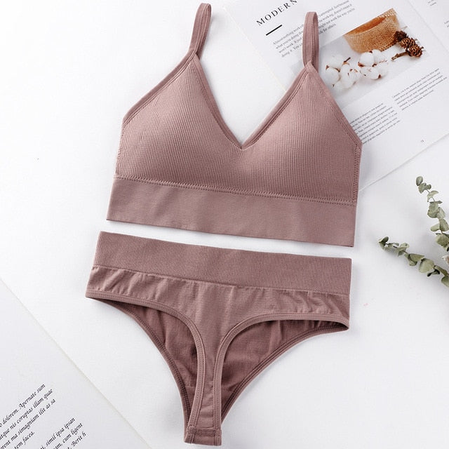 French Backless Push Up Underwear Set Women Sexy G-String Seamless Bralette Female Lingerie Soft Tank Crop Top Gym Sport Bra Set