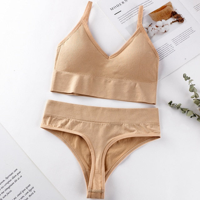 French Backless Push Up Underwear Set Women Sexy G-String Seamless Bralette Female Lingerie Soft Tank Crop Top Gym Sport Bra Set