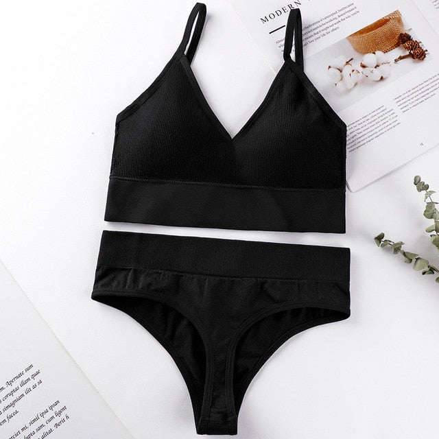 French Backless Push Up Underwear Set Women Sexy G-String Seamless Bralette Female Lingerie Soft Tank Crop Top Gym Sport Bra Set
