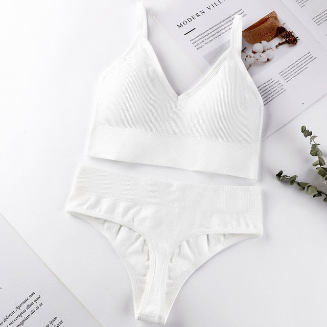 French Backless Push Up Underwear Set Women Sexy G-String Seamless Bralette Female Lingerie Soft Tank Crop Top Gym Sport Bra Set
