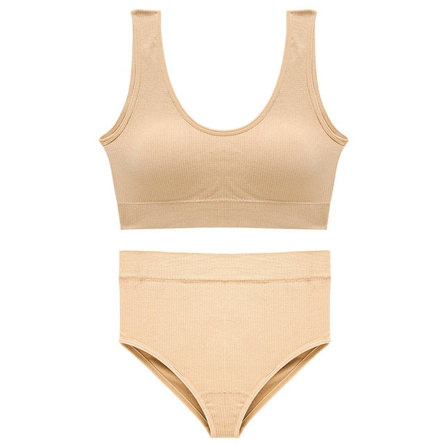 French Backless Push Up Underwear Set Women Sexy G-String Seamless Bralette Female Lingerie Soft Tank Crop Top Gym Sport Bra Set