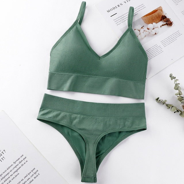 French Backless Push Up Underwear Set Women Sexy G-String Seamless Bralette Female Lingerie Soft Tank Crop Top Gym Sport Bra Set