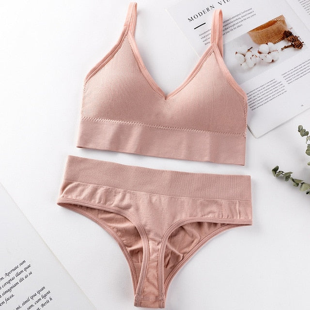 French Backless Push Up Underwear Set Women Sexy G-String Seamless Bralette Female Lingerie Soft Tank Crop Top Gym Sport Bra Set
