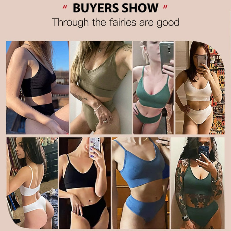 French Backless Push Up Underwear Set Women Sexy G-String Seamless Bralette Female Lingerie Soft Tank Crop Top Gym Sport Bra Set