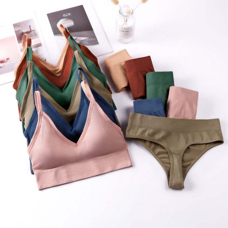 French Backless Push Up Underwear Set Women Sexy G-String Seamless Bralette Female Lingerie Soft Tank Crop Top Gym Sport Bra Set