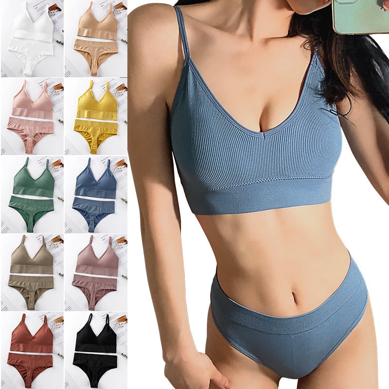 French Backless Push Up Underwear Set Women Sexy G-String Seamless Bralette Female Lingerie Soft Tank Crop Top Gym Sport Bra Set