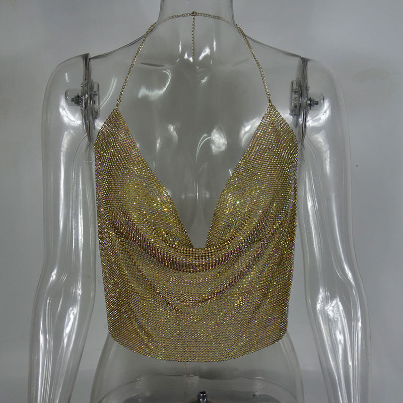 GACVGA 2020 Handmade Crystal Tank Top Sexy Backless Summer Beach Women Crop Top Halter Camis Metal Bralette Ladies Croped Tops