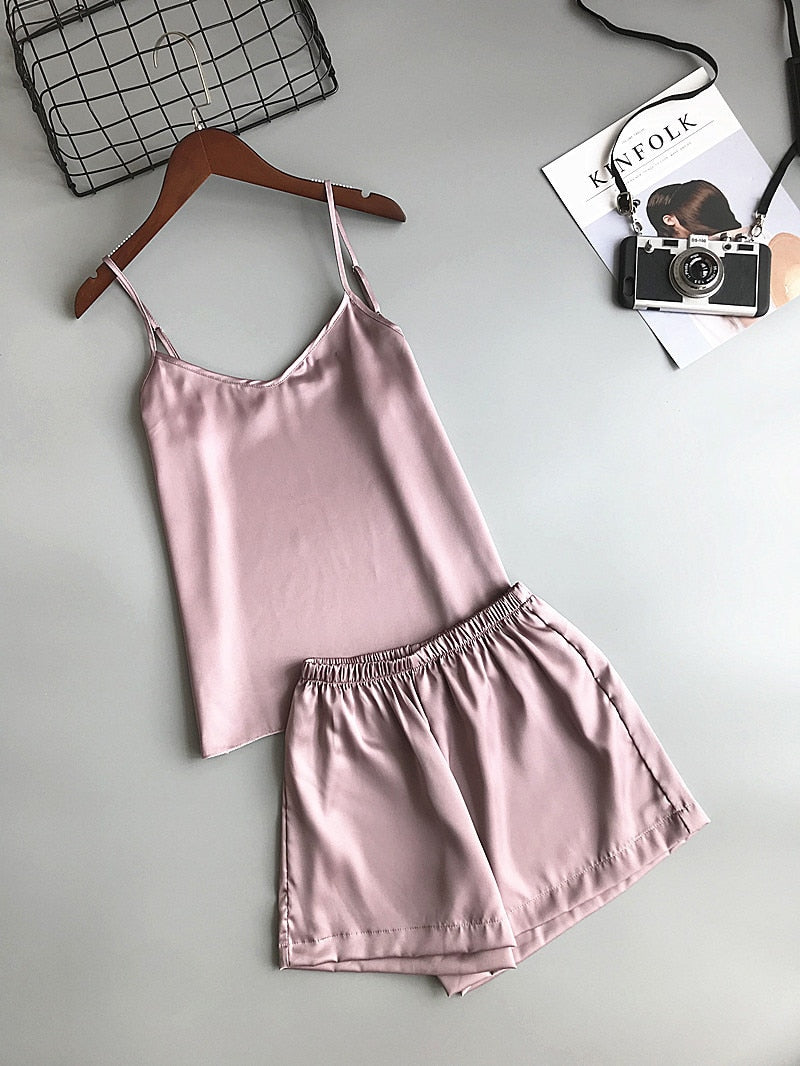 Ice Silk Women’s Summer Camisole and Shorts Sexy Pajama Set