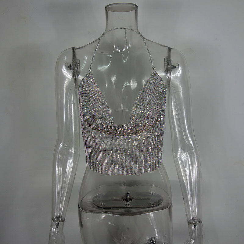 GACVGA 2020 Handmade Crystal Tank Top Sexy Backless Summer Beach Women Crop Top Halter Camis Metal Bralette Ladies Croped Tops