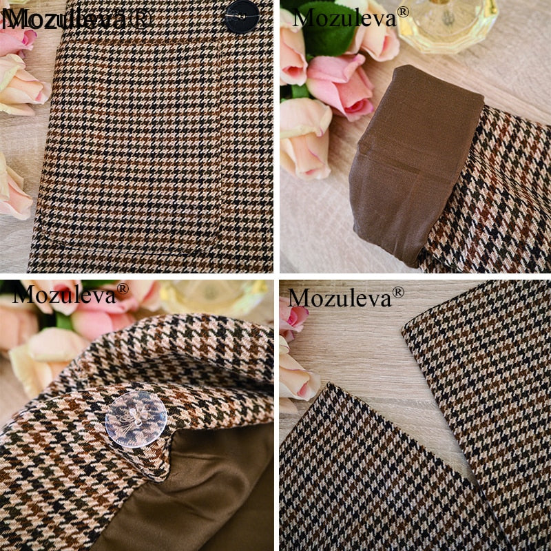 Mozuleva Korean Plaid Women Work Blazer Jacket Casual Double-breasted Sashes Suit Jacket Female 2022 Slim Female Blazer Outwear