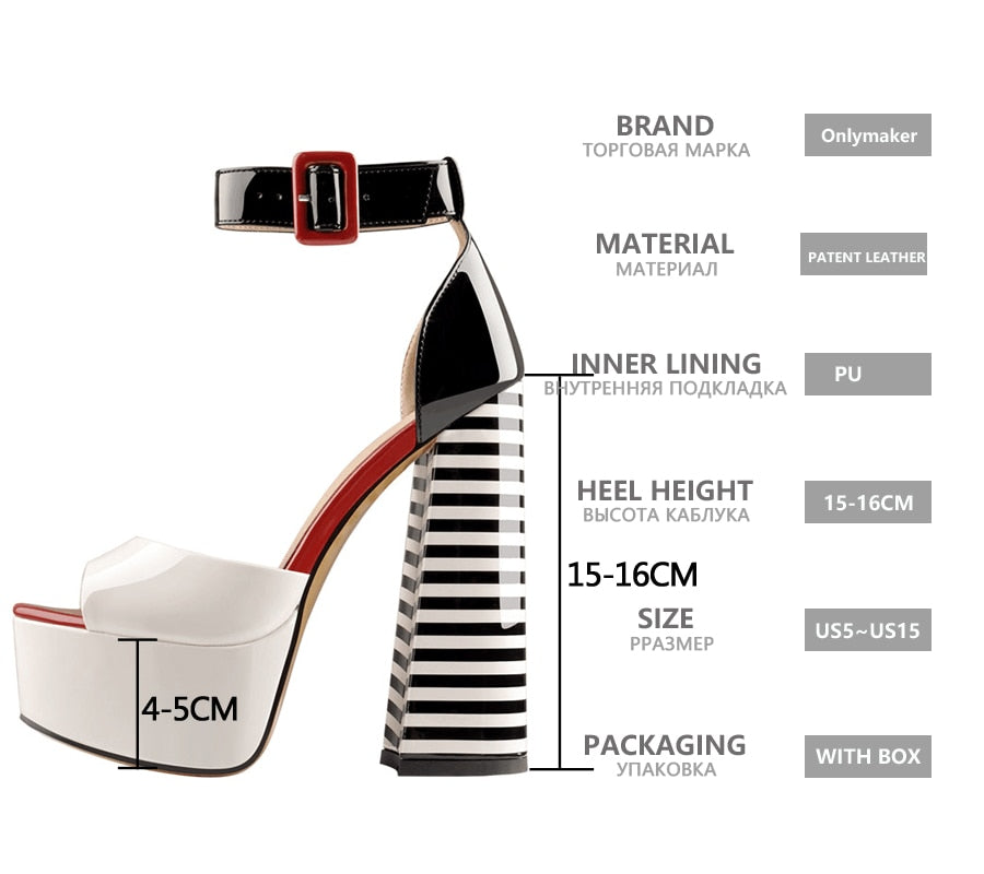 Onlymaker Women's Sandals Platform Peep Toe Chunky Square Heels Ankle Strap Sandals Black And White Stripes Party Fashion Shoes