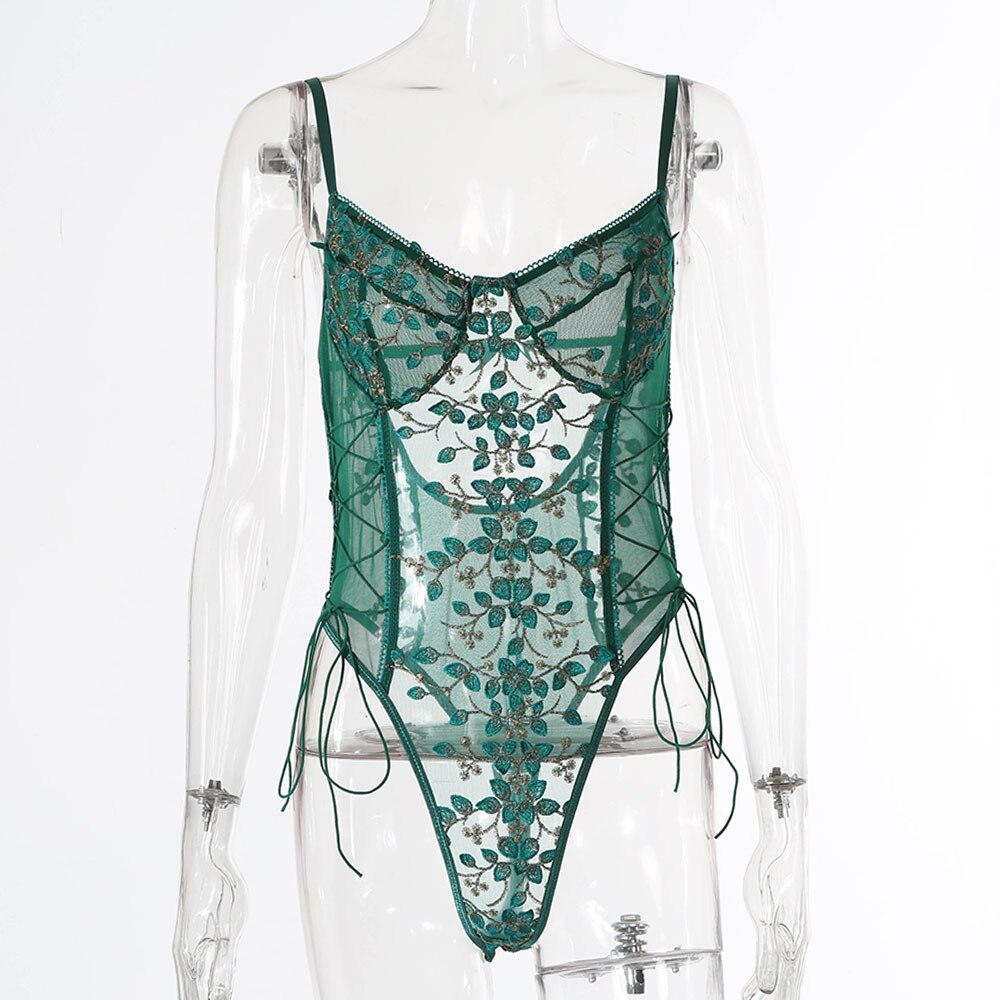 Embroidered Flowers Strap One-piece Sexy Pajamas Women Teddy Lingerie Sexy Underwear Erotic Corset Lace Mesh Sleepwear Nightwear