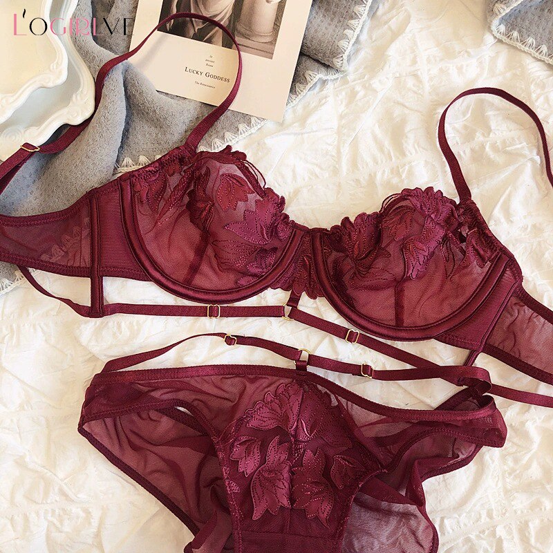 Logirlve Top Women Lace Underwear Set Embroidery Bra Set Ultrathin B C D Cup Brassiere Transparent Bra Push Up Sexy Lingerie set