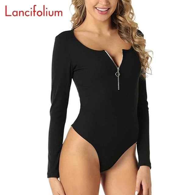 Long Sleeve Zipper Scoop Neck Sexy Body Suit - French Sexy Boutique