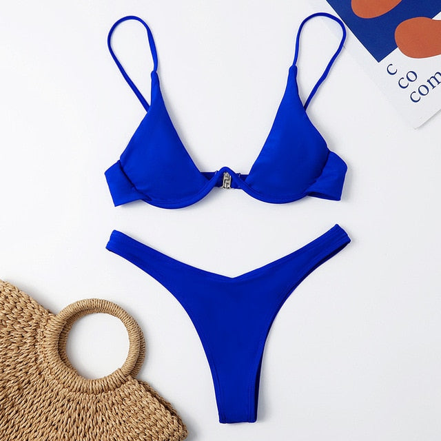 OEING Solid Bra 2022 Sexy Bikini 2 Piece Ring Women's Swimming Suit Swimwear Micro Thong Female Beach Summer Backless New