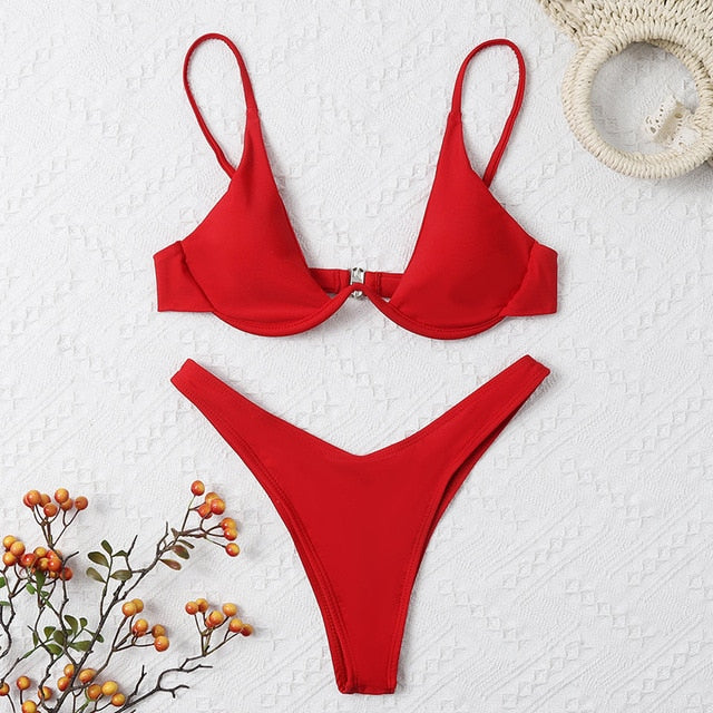 OEING Solid Bra 2022 Sexy Bikini 2 Piece Ring Women's Swimming Suit Swimwear Micro Thong Female Beach Summer Backless New
