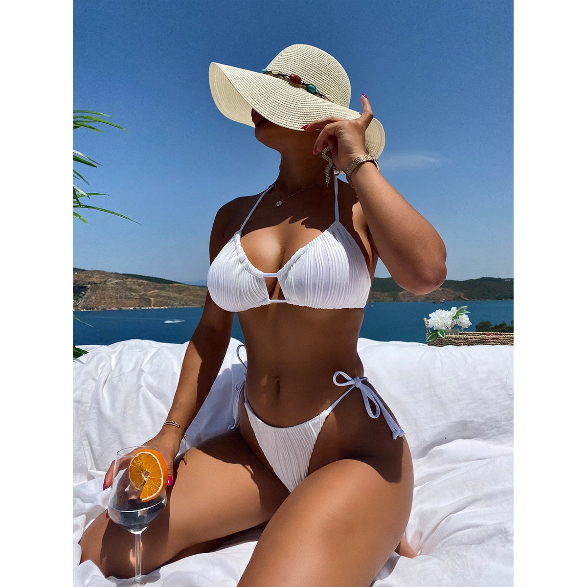 OEING Solid Bra 2022 Sexy Bikini 2 Piece Ring Women's Swimming Suit Swimwear Micro Thong Female Beach Summer Backless New