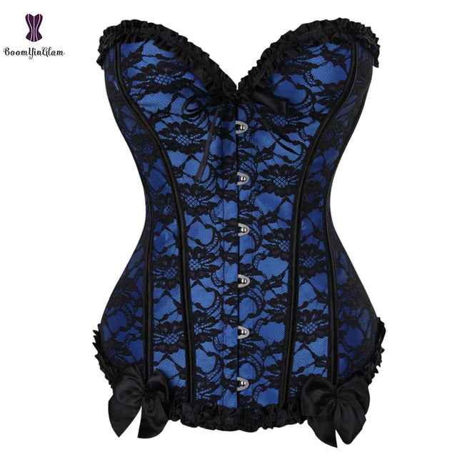 Red Women Mesh Grid Lingerie Basque Corselet Bustier Floral Lace Overlay Corset Over bust Plus Sizes - French Sexy Boutique