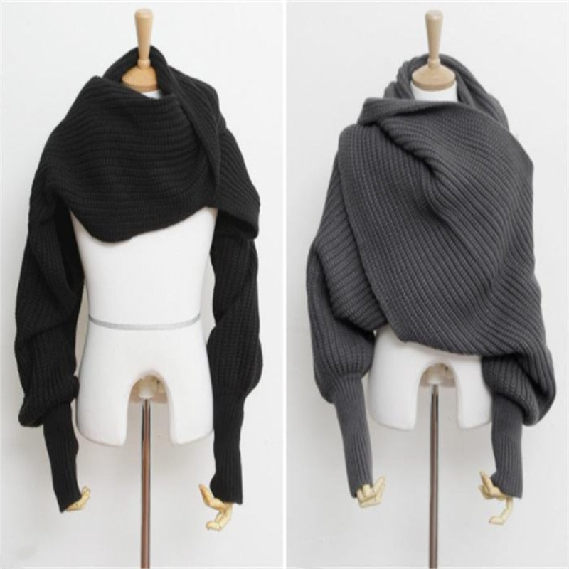 European Style Winter Women Long Scarf With Sleeves Wool Knitted Scarves For Women Thick Warm Casual Shawl High Quality