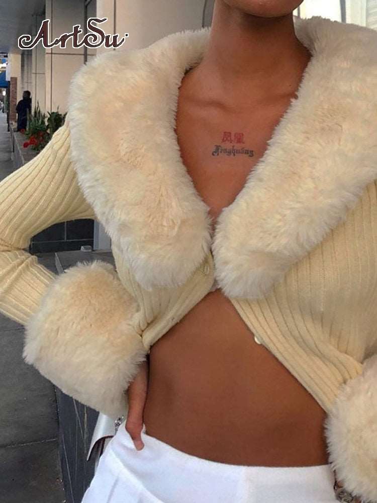 Artsu Ribbed Knitted Cardigans Sweaters With Fur Trim Collar Long Sleeve Slim Autumn Winter Jumpers Women Knitwear Chic 42015