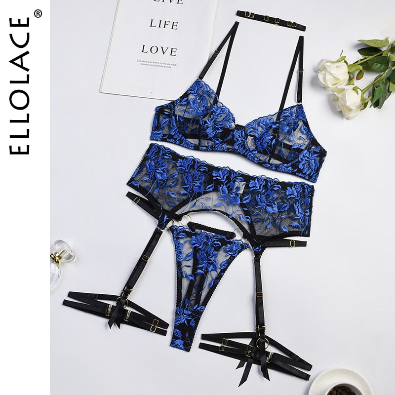 Ellolace Cobalt Fancy Lingerie Sexy Porn Underwear Women Floral Embroidery Intimate Transparent Bra Sensual Lace Exotic Sets