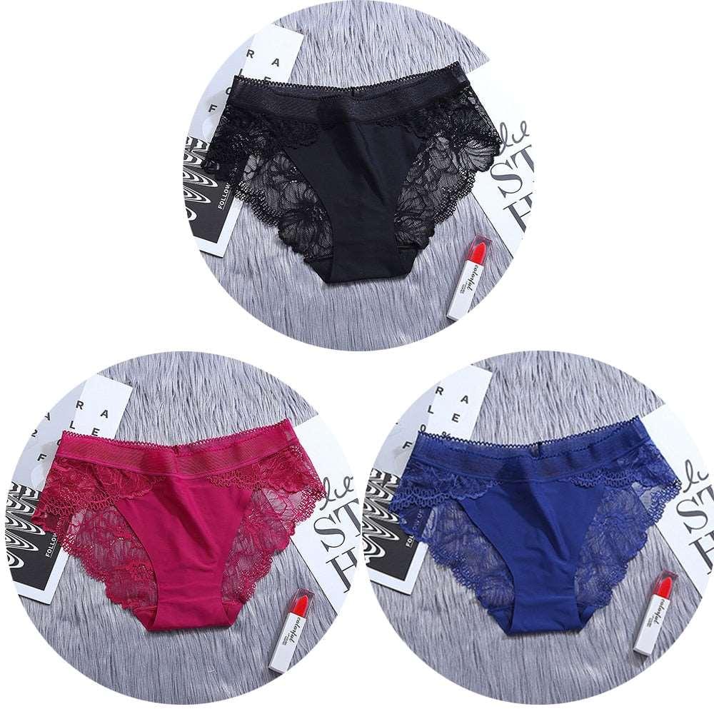 3Pcs/Lot Lace Women's Panties Sets Ice Silk Seamless Underwear - Transparent Briefs - Mid-Rise Lingerie