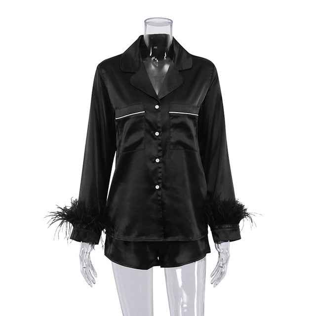 Lapel Tops + Feather 2Pcs Pants Suits Sexy Lingerie Nightwear Silk Satin - French Sexy Boutique