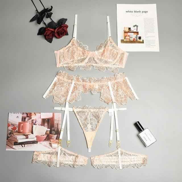 3-Piece Lace Bra Set - Embroidery - Transparent Underwear Set - French Sexy Boutique