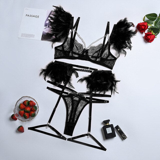 Yimunancy 3-Piece Lace Feather Exotic Sets Women Chain Patchwork 8 Colors Panty Underwear Set Ladies Sexy Lingerie Set