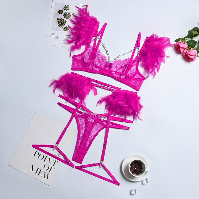 Yimunancy 3-Piece Lace Feather Exotic Sets Women Chain Patchwork 8 Colors Panty Underwear Set Ladies Sexy Lingerie Set