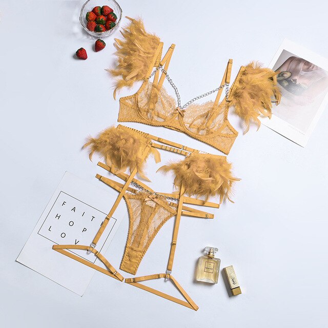 Yimunancy 3-Piece Lace Feather Exotic Sets Women Chain Patchwork 8 Colors Panty Underwear Set Ladies Sexy Lingerie Set