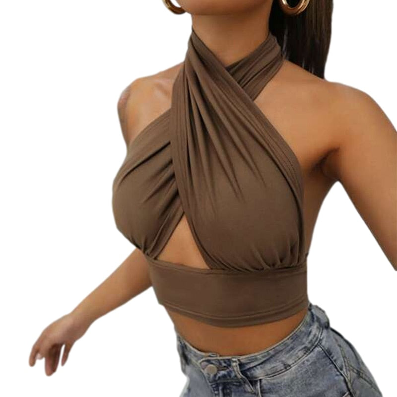 Women Summer Tank Tops Sexy Solid Color Cross Halter Neck Push Up Hollow Crop Tops 2022 New Fashion