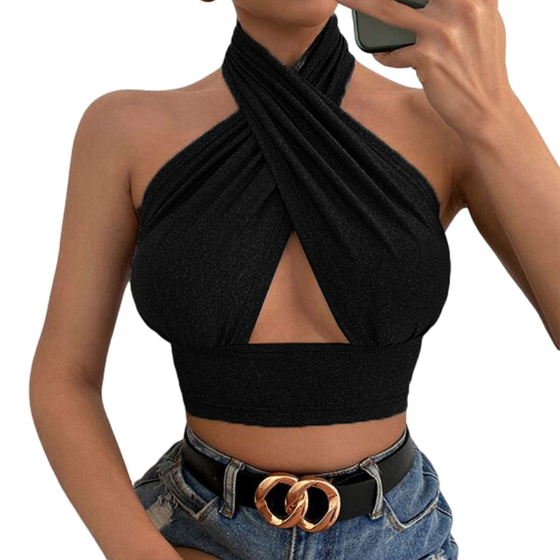 Women Summer Tank Tops Sexy Solid Color Cross Halter Neck Push Up Hollow Crop Tops 2022 New Fashion