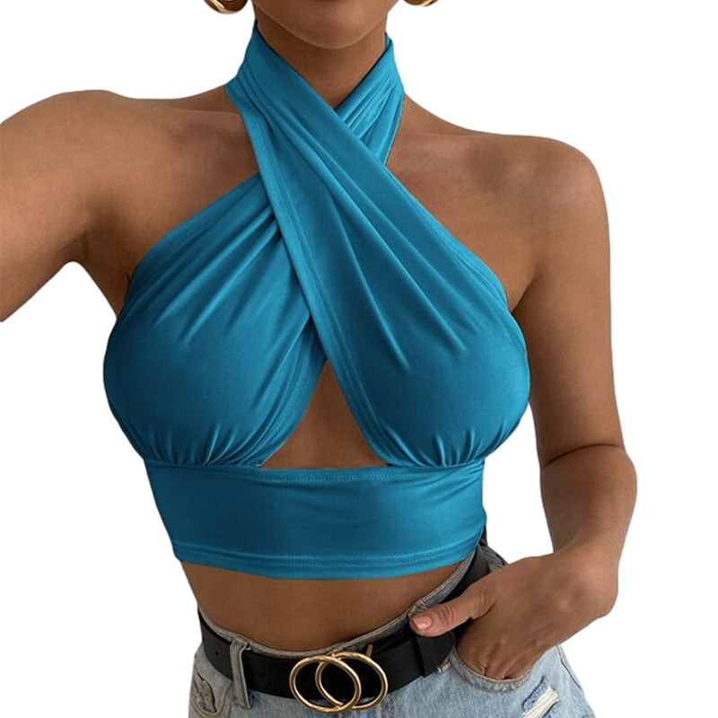 Women Summer Tank Tops Sexy Solid Color Cross Halter Neck Push Up Hollow Crop Tops 2022 New Fashion