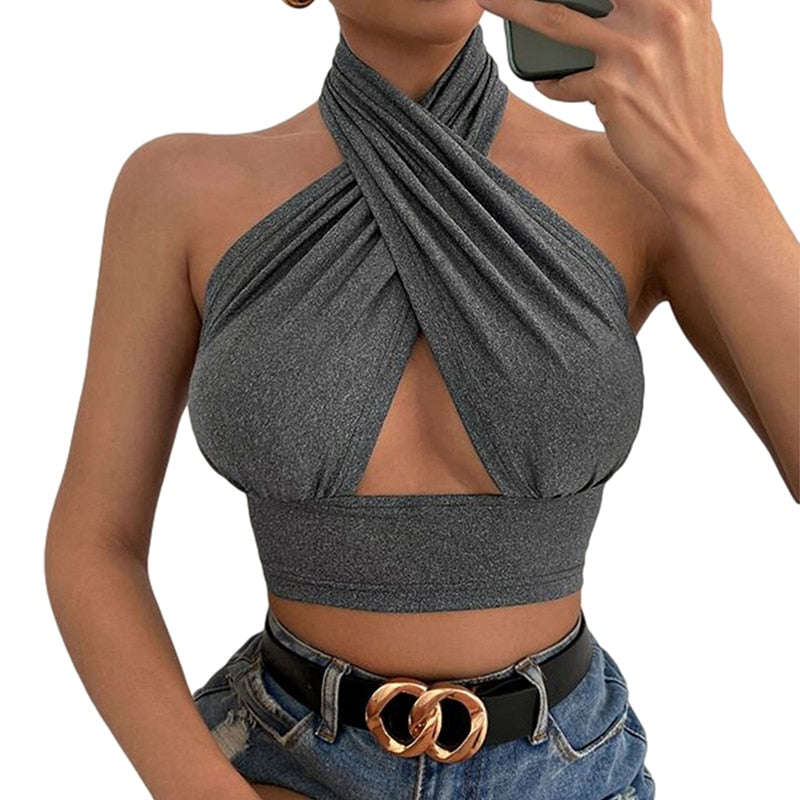 Women Summer Tank Tops Sexy Solid Color Cross Halter Neck Push Up Hollow Crop Tops 2022 New Fashion