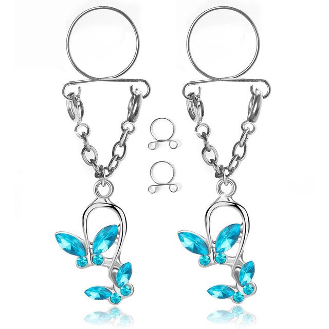 Sexy Tassel Crystal Butterfly Pendant Fake Nipple Ring for Women Girls Adjustable Faux Nipple Piercing Body Jewelry