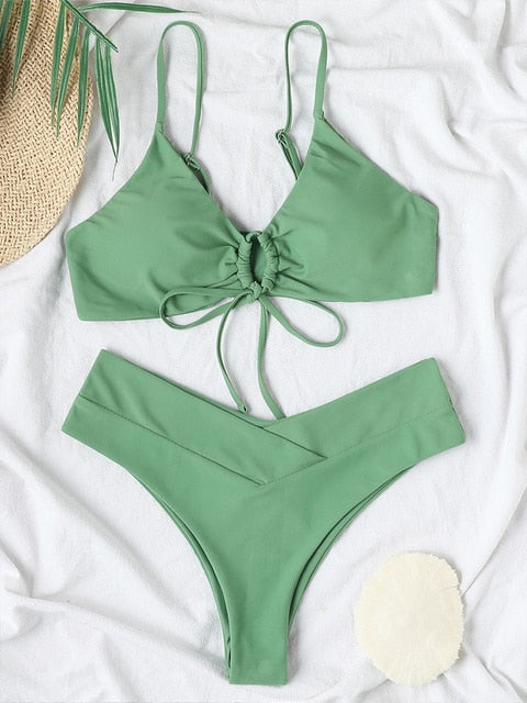 "2022 Beach Goddess Collection: Green Bandage Bikini Set - Embrace Your Confidence with Our Push-Up Swimsuit for Women"