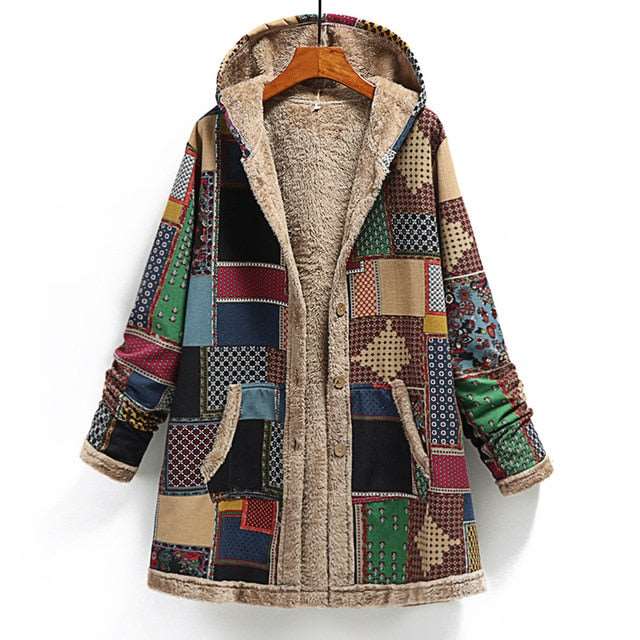 2022 Winter Vintage Women Coat Warm Printing Thick Fleece Hooded Long Jacket with Pocket Ladies Outwear Loose Coat for Women