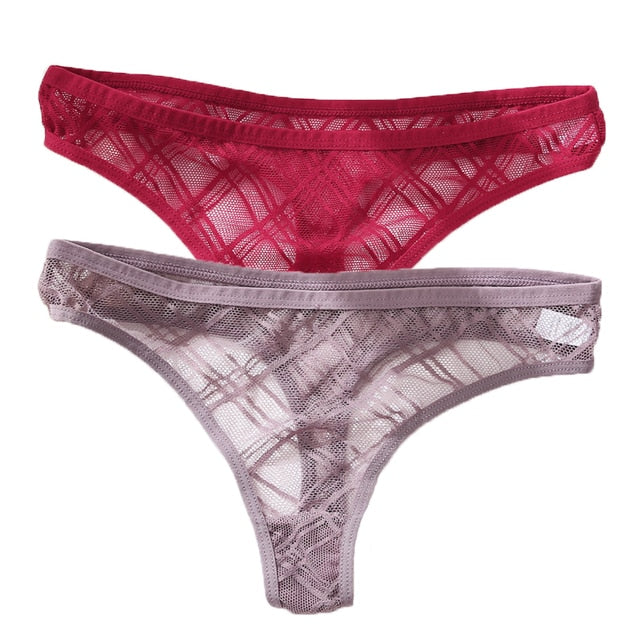 2PCS/Set Lace Sexy G-String - Transparent Women's panties Low-Waist Mesh Perspective Lingerie M-XL